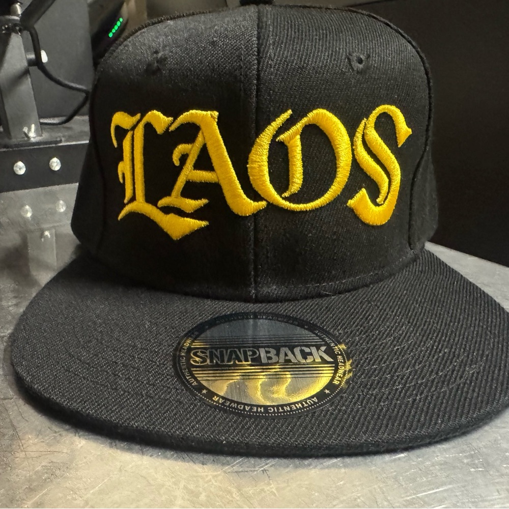 OLDE LAOS Black Snapback Hat with Gold Embroider